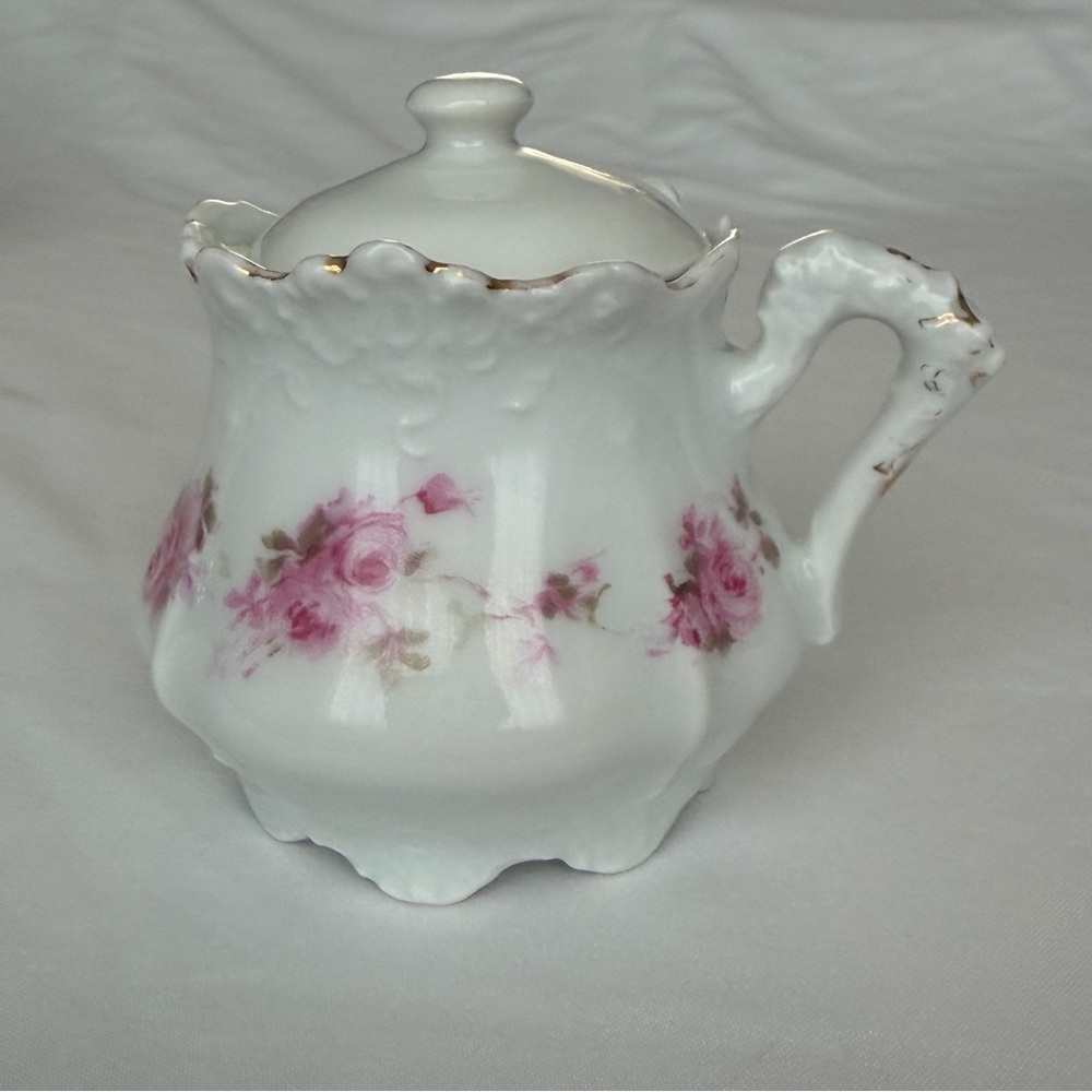 Antique Porcelain Pink Rose Mini Sugar Pot Silesia Collectible Tea Set Piece